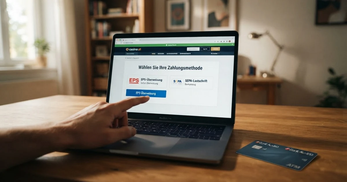 Ein geöffneter Laptop zeigt eine Online-Casino-Kassenseite mit den Zahlungsoptionen „EPS-Überweisung“ und „SEPA-Lastschrift“, daneben liegt eine österreichische Bankomatkarte