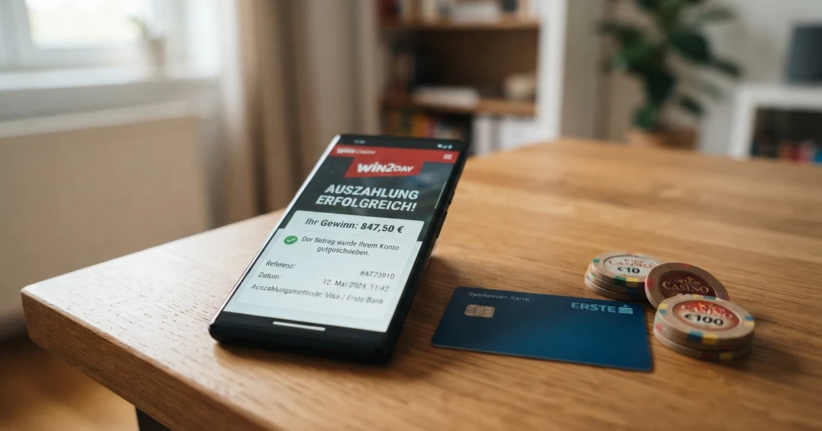 Eine Nahaufnahme eines Smartphone-Bildschirms mit einer Casino-Auszahlungsbestätigung in Euro, daneben eine österreichische Kreditkarte und ein Stapel Euro-Scheine auf einem Holzschreibtisch