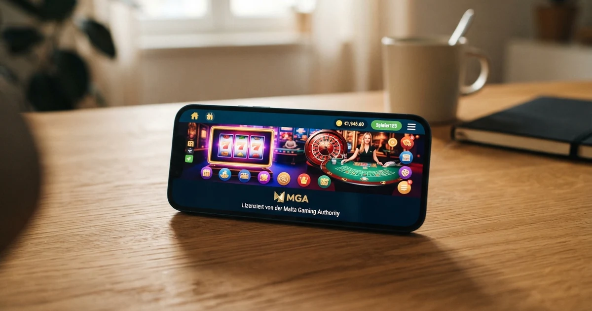 Bildschirm mit der Startseite eines MGA-lizenzierten Online-Casinos, MGA-Siegel in der Fußzeile sichtbar