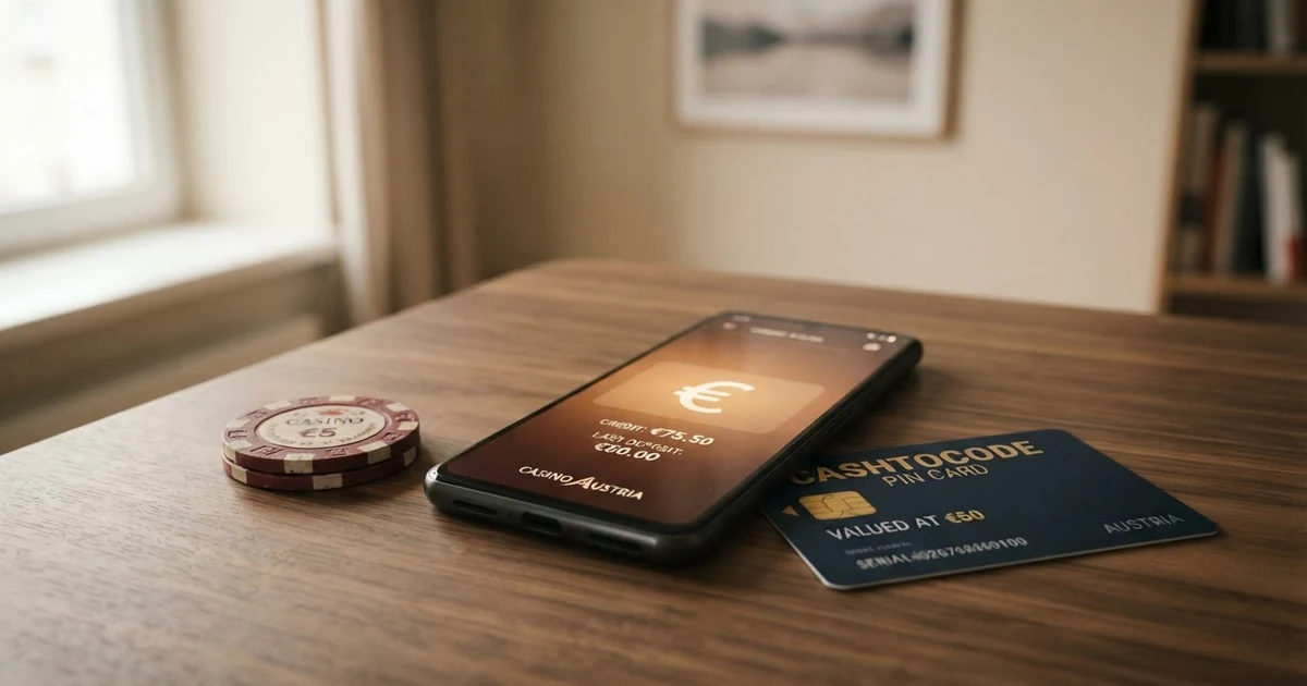 Eine Paysafecard-PIN-Karte neben einem Smartphone, das eine Casino-Website mit Paysafecard-Logo im Kassenbereich zeigt.