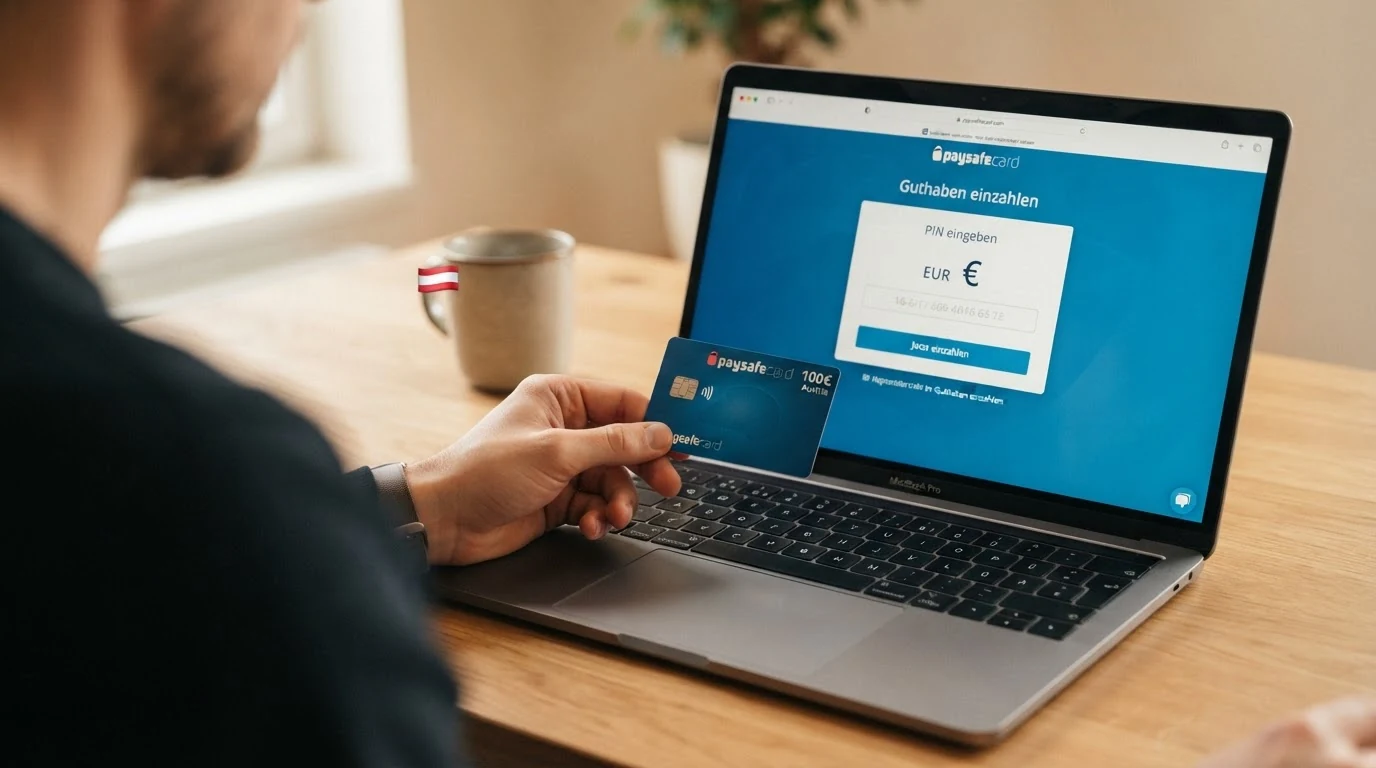 Eine Nahaufnahme des 16-stelligen Paysafecard-PIN auf einer Prepaid-Karte, daneben die Benutzeroberfläche des myPaysafe-Kontos auf einem Laptop-Bildschirm