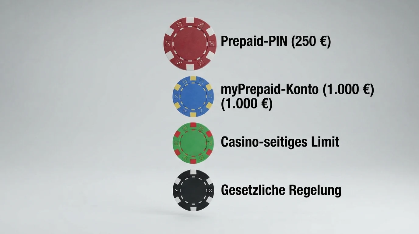Infografik mit vier Stufen: Paysafecard-PIN (250 €), myPaysafe-Konto (1.000 €), Casino-seitiges Limit, gesetzliche Regelung.