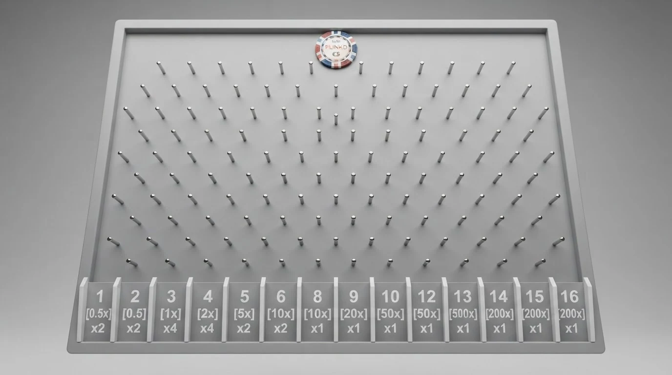 Schematische Draufsicht eines Plinko-Bretts mit eingezeichneten Reihen, Pins und nummerierten Multiplikator-Fächern