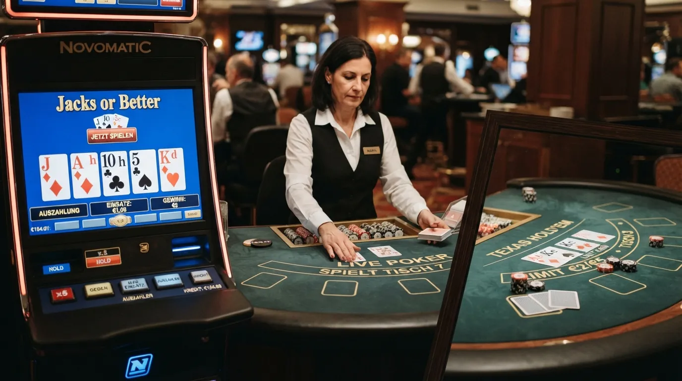 Drei verschiedene Poker-Formate nebeneinander: Video-Poker-Automat, Live-Dealer-Tisch mit Croupier und klassischer Texas-Hold'em-Tisch