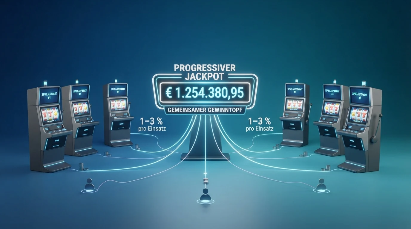 Schematische Darstellung eines progressiven Jackpot-Netzwerks: mehrere Spieler an verschiedenen Slots, deren Einsätze über Verbindungslinien in einen zentralen Gewinntopf fliessen, daneben die Prozentangabe „1–3 % pro Einsatz“