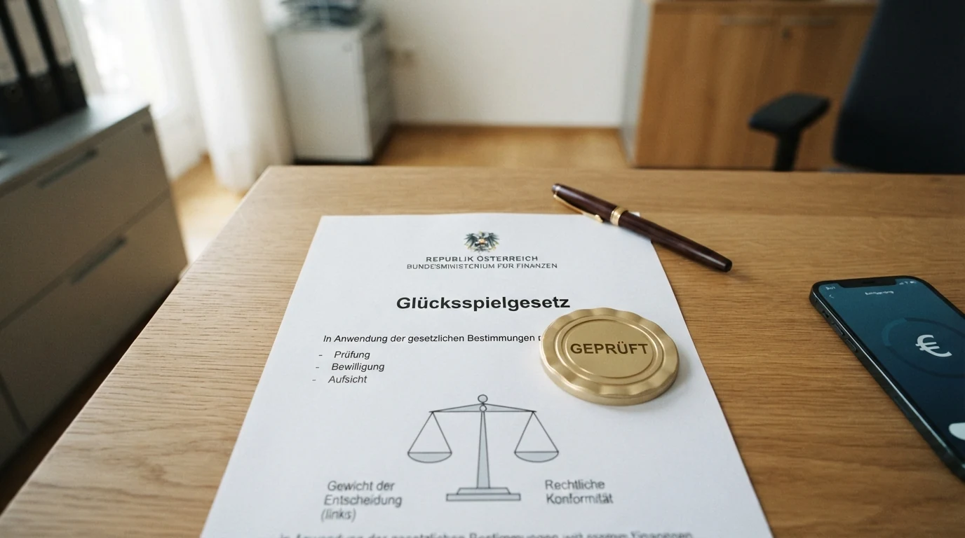Ein offiziell wirkendes Dokument mit dem Bundesadler der Republik Österreich und dem Schriftzug „Glücksspielgesetz“, daneben ein Paragraph-Zeichen