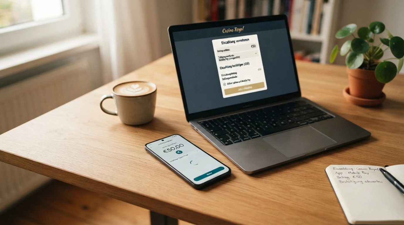 Schematische Darstellung: Einzahlungsweg vom Revolut-Konto über Visa/Mastercard-Schiene zum Casino-Konto, mit Zeitleiste für Gutschrift und Auszahlung