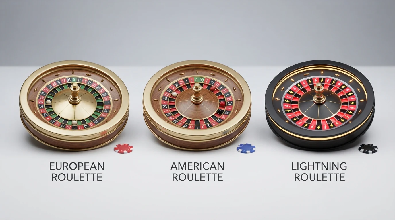 Drei Roulette-Räder nebeneinander: europäisches Single-Zero, amerikanisches Double-Zero und ein Rad mit farbigen Multiplikator-Feldern