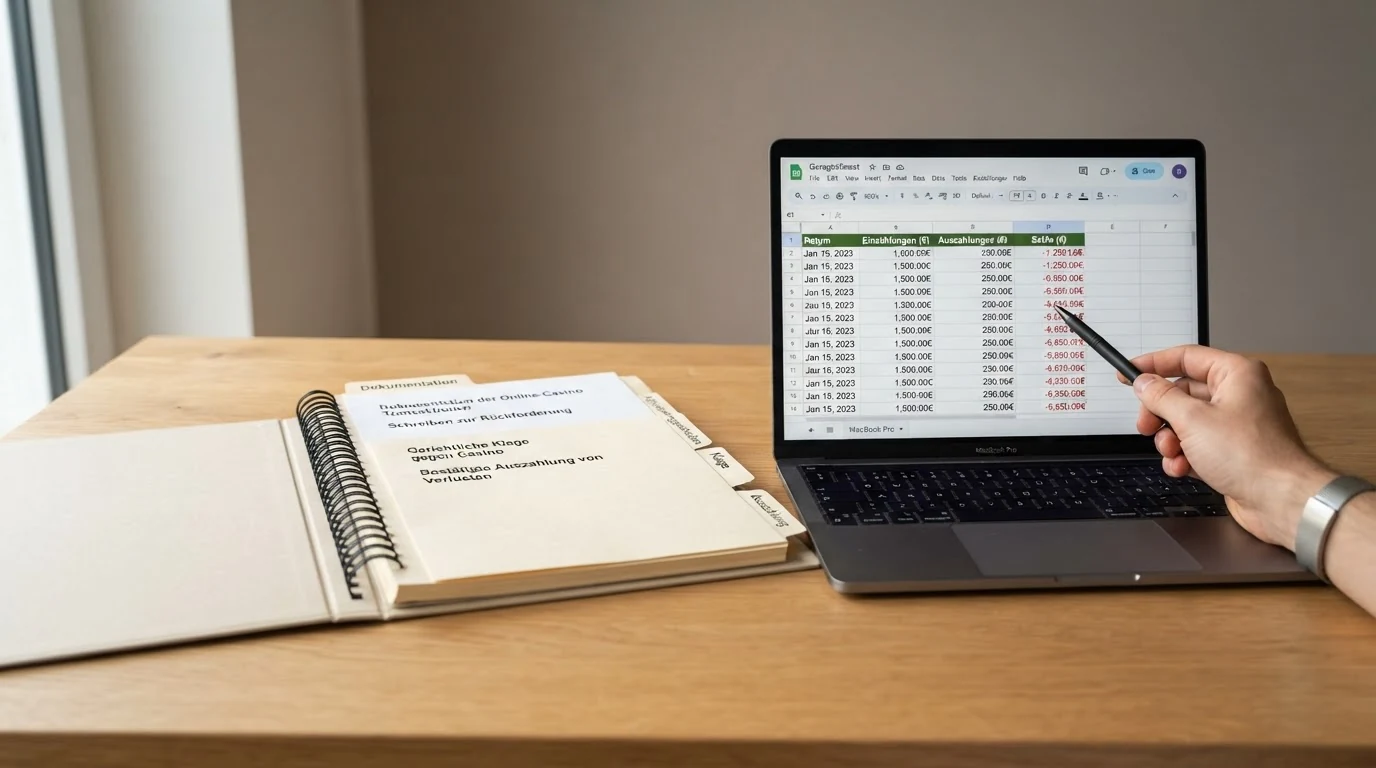 Ein geöffneter Aktenordner mit Registerkarten — Dokumentation, Aufforderungsschreiben, Klage, Auszahlung — auf einem Schreibtisch mit Laptop