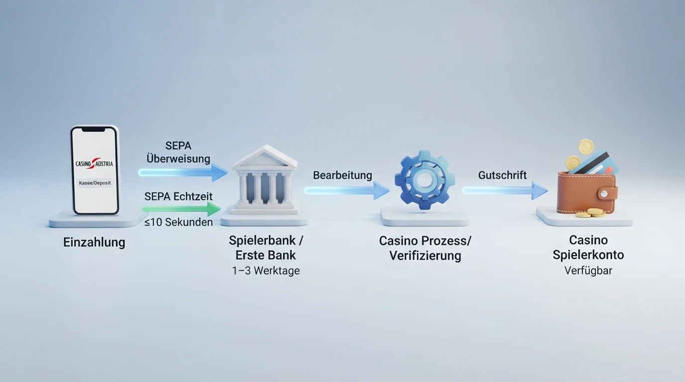 Ein schematisches Flussdiagramm: Casino-Kasse → Bank → Spielerkonto → Casino-Bearbeitung → Bank → Spieler-Girokonto, mit Zeitangaben an jeder Station