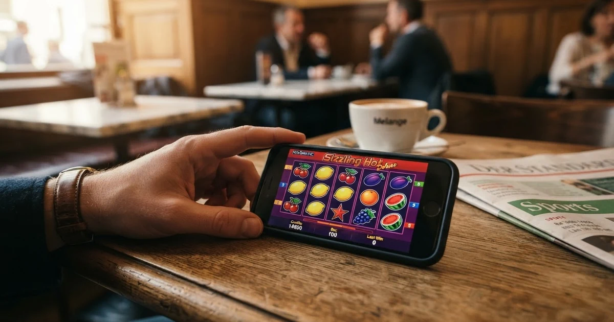 Das 5×3-Walzengitter von Sizzling Hot Deluxe mit den klassischen Fruchtsymbolen Kirschen, Zitronen, Trauben, Zwetschken, Stern-Scatter und rotem Sieben-Symbol als höchstem Gewinnsymbol