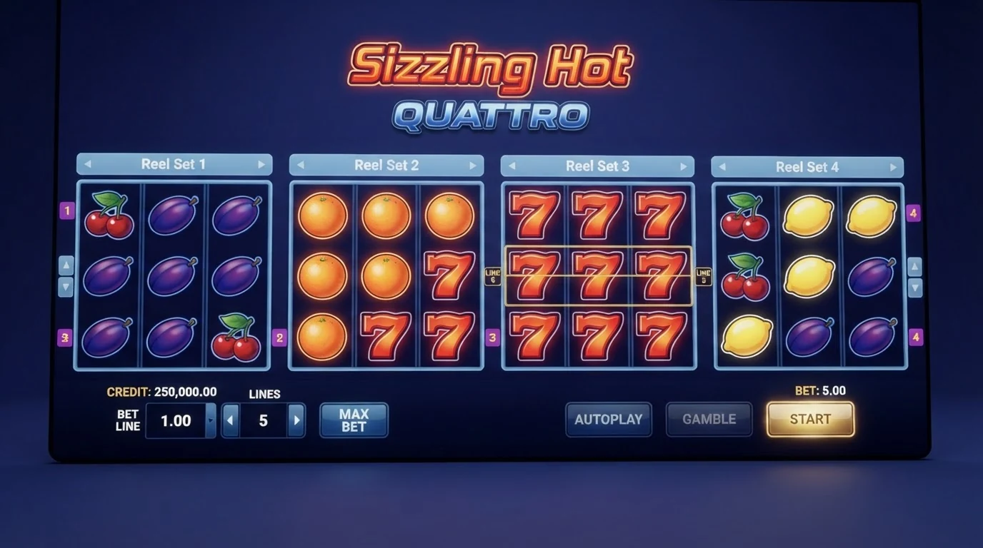 Die Quattro-Variante mit vier gleichzeitig laufenden 5×3-Walzensets nebeneinander — jedes Set mit eigener Gewinnlinien-Auszahlung