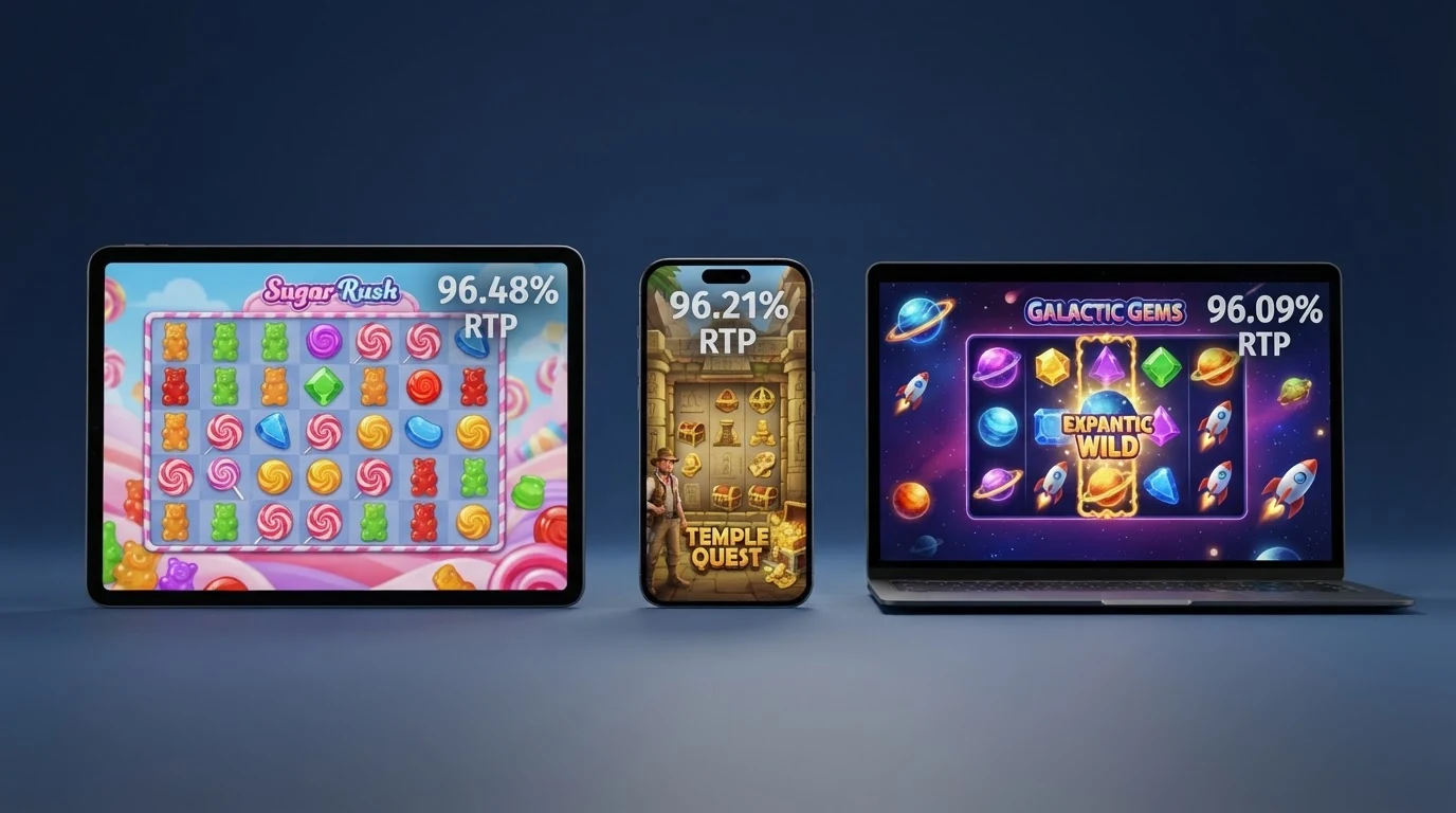 Drei Spielautomaten-Bildschirme nebeneinander: Sweet Bonanza, Book of Dead und Starburst, jeweils mit ihrer RTP-Prozentzahl eingeblendet