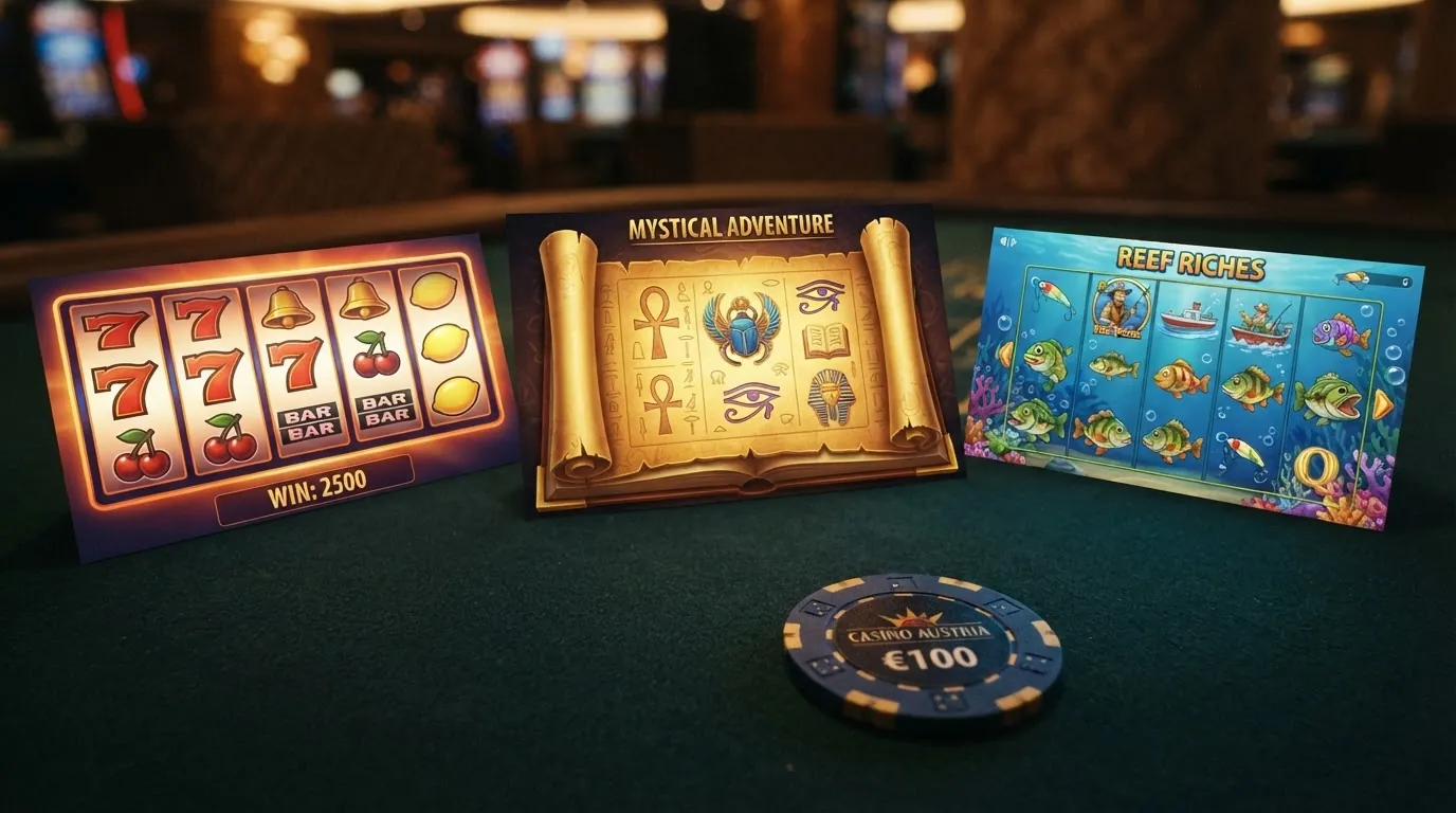 Collage aus Spielautomaten-Logos verschiedener Anbieter — Merkur, Novomatic, NetEnt, Play'n GO, Pragmatic Play — vor einem Casino-Hintergrund