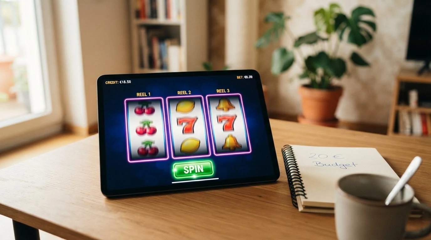 Drei bunte Spielautomaten-Walzen auf einem Tablet-Bildschirm, daneben eine Anzeige mit niedrigem Einsatz pro Spin