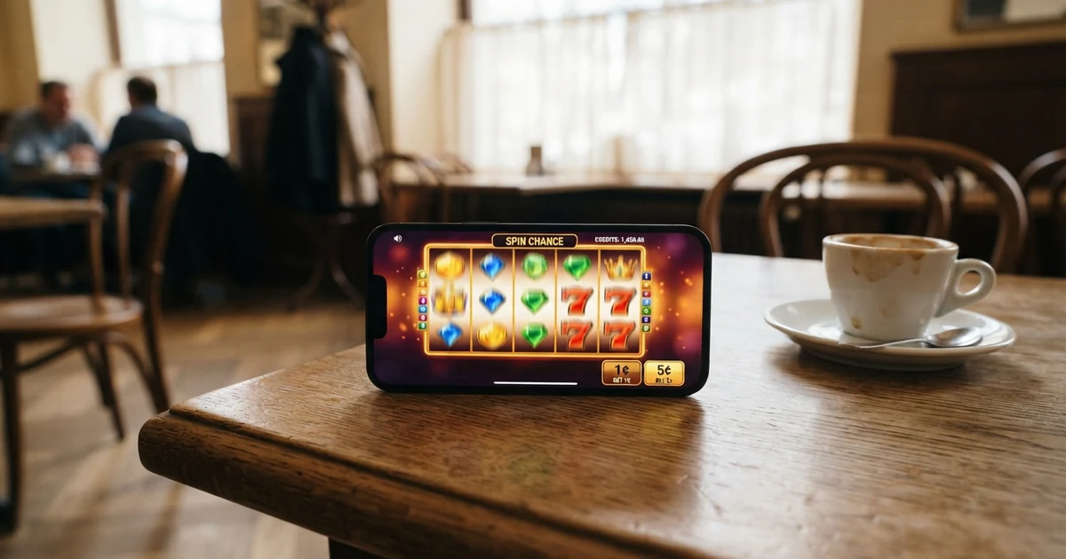 Nahaufnahme eines Smartphones mit einem farbenfrohen Online-Slot auf dem Bildschirm, die Münzwerte von einem und fünf Cent sind farblich hervorgehoben