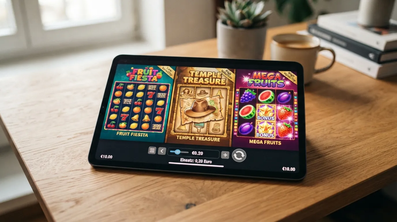 Drei Spielautomaten-Walzen nebeneinander — Starburst mit vielen kleinen Symbolen, Book of Dead mit einem großen Pharao-Symbol und Sweet Bonanza mit bunten Früchten — darunter ein Einsatzregler auf 0,20 Euro