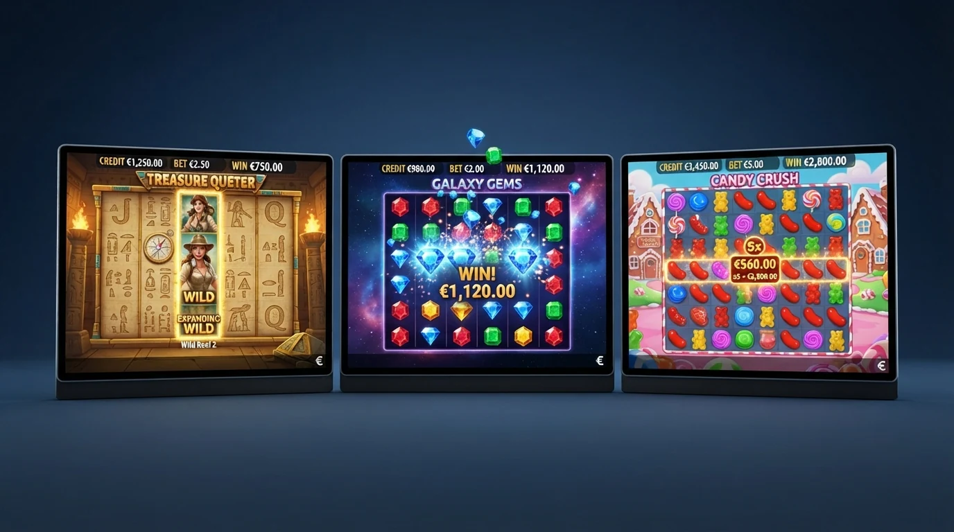 Screenshots dreier Spielautomat-Bildschirme: Book of Dead mit ägyptischem Motiv, Starburst mit Juwelen und Sweet Bonanza mit Bonbon-Raster