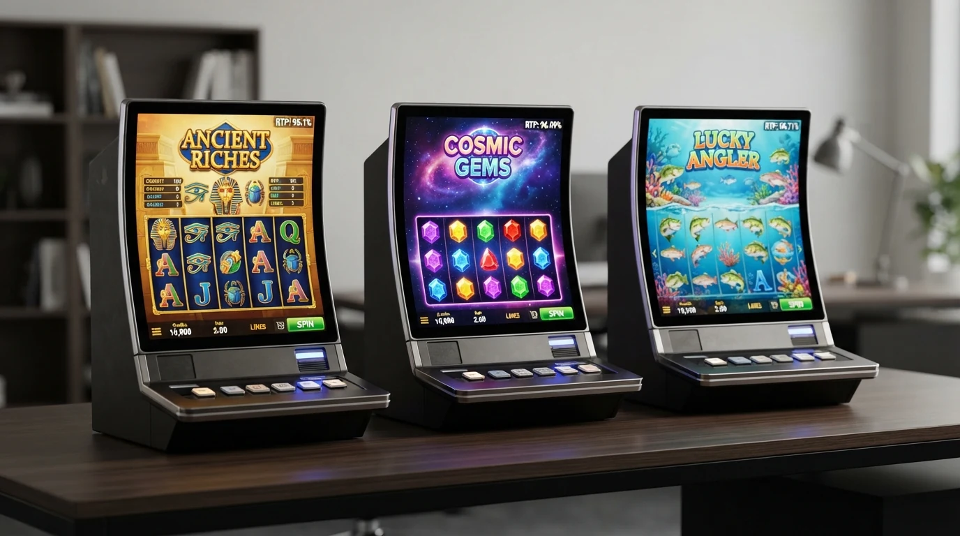 Drei Slot-Vorschaubilder nebeneinander: Book of Ra Deluxe, Starburst und Big Bass Bonanza mit eingeblendeten RTP-Prozentwerten