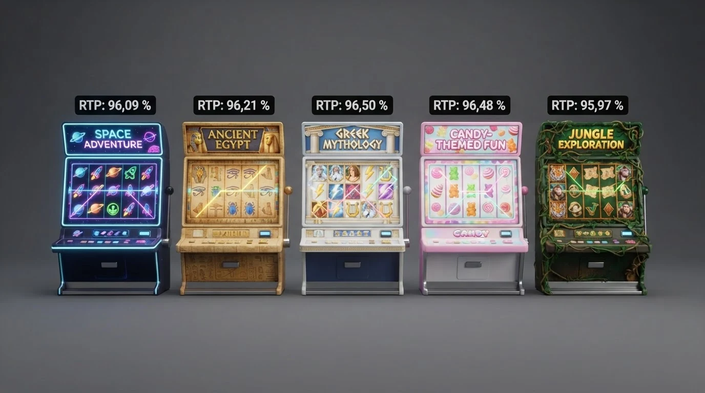 Fünf beliebte Online-Slots (Starburst, Book of Dead, Gates of Olympus, Sweet Bonanza, Gonzo's Quest) nebeneinander mit ihren RTP-Werten als überlagerte Prozentangaben