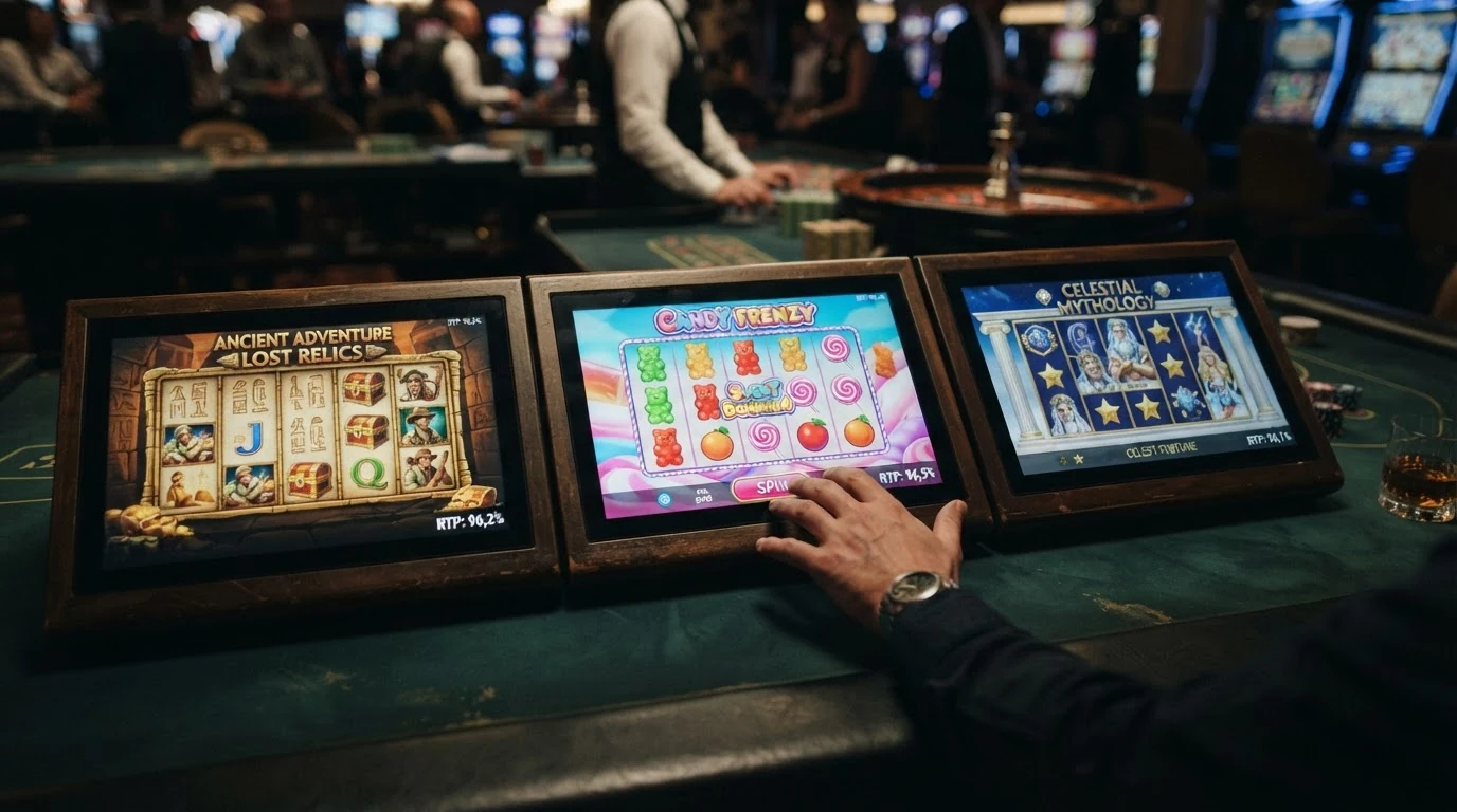 Drei Spielautomaten-Bildschirme nebeneinander mit hervorgehobenen Prozentwerten: 96,21%, 96,51%, 96,50%