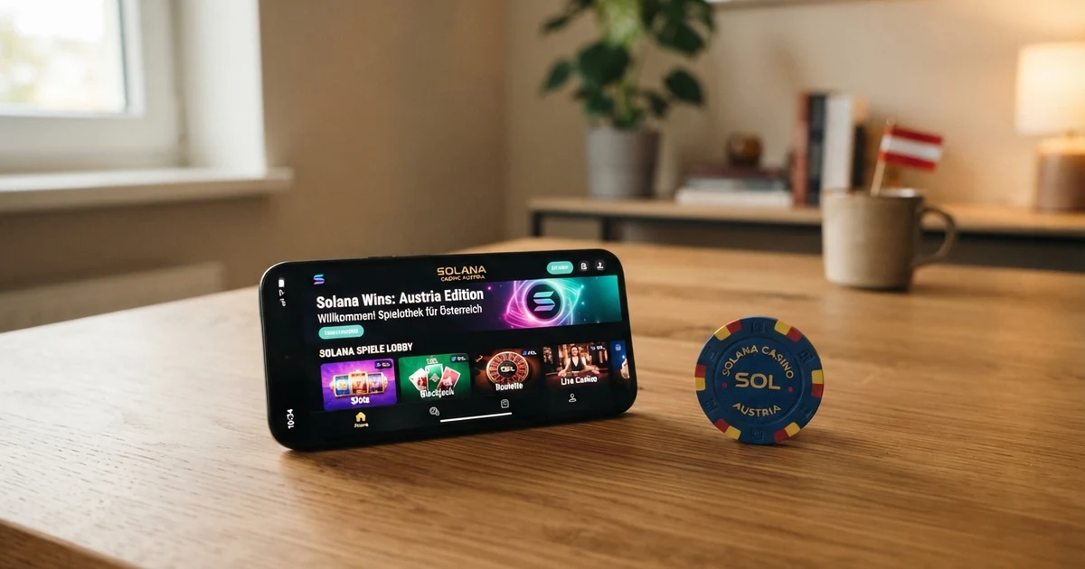 Wallet-App mit Solana-Logo auf einem Smartphone-Bildschirm, daneben eine Casino-Lobby mit Spielauswahl