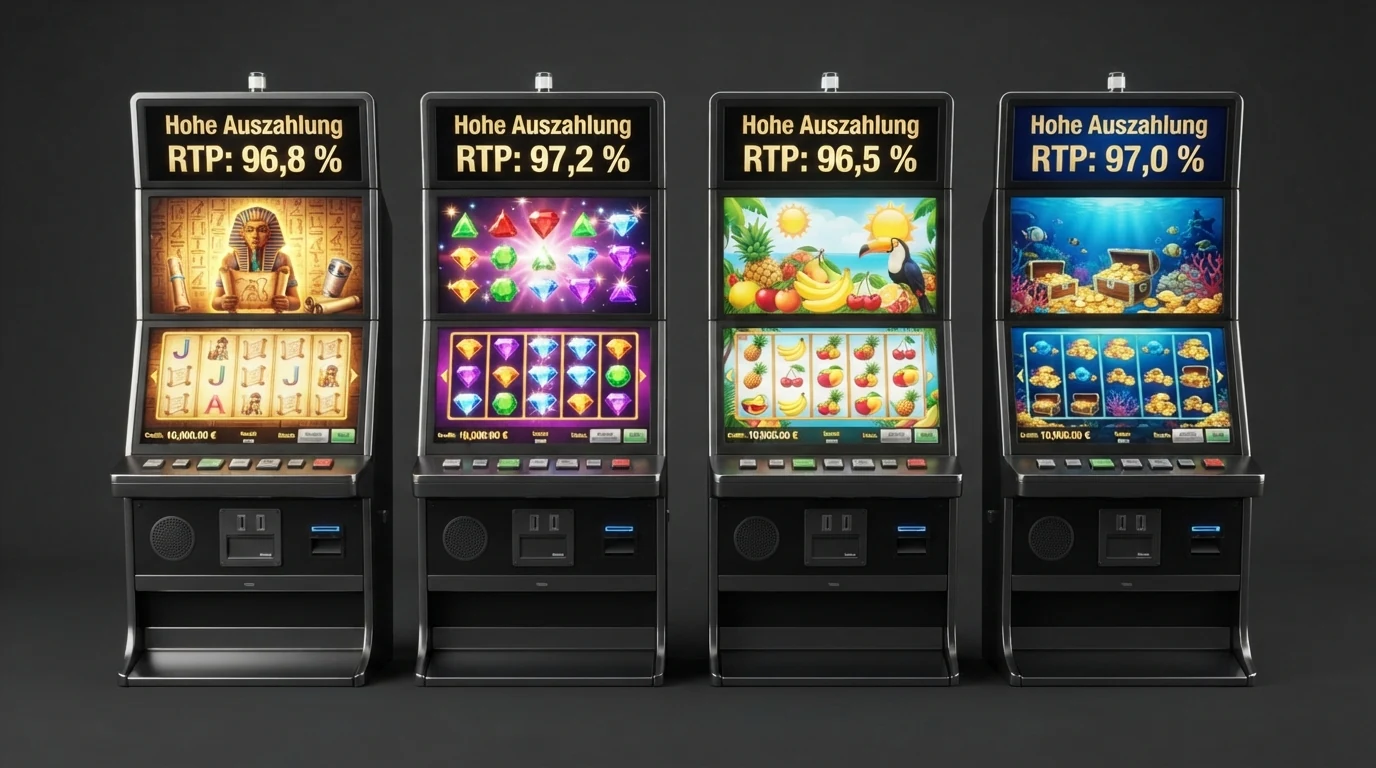 Vier Spielautomaten-Symbole nebeneinander: Book of Dead, Starburst, Sweet Bonanza und Big Bass Bonanza, jeweils mit ihrer Auszahlungsquote darunter