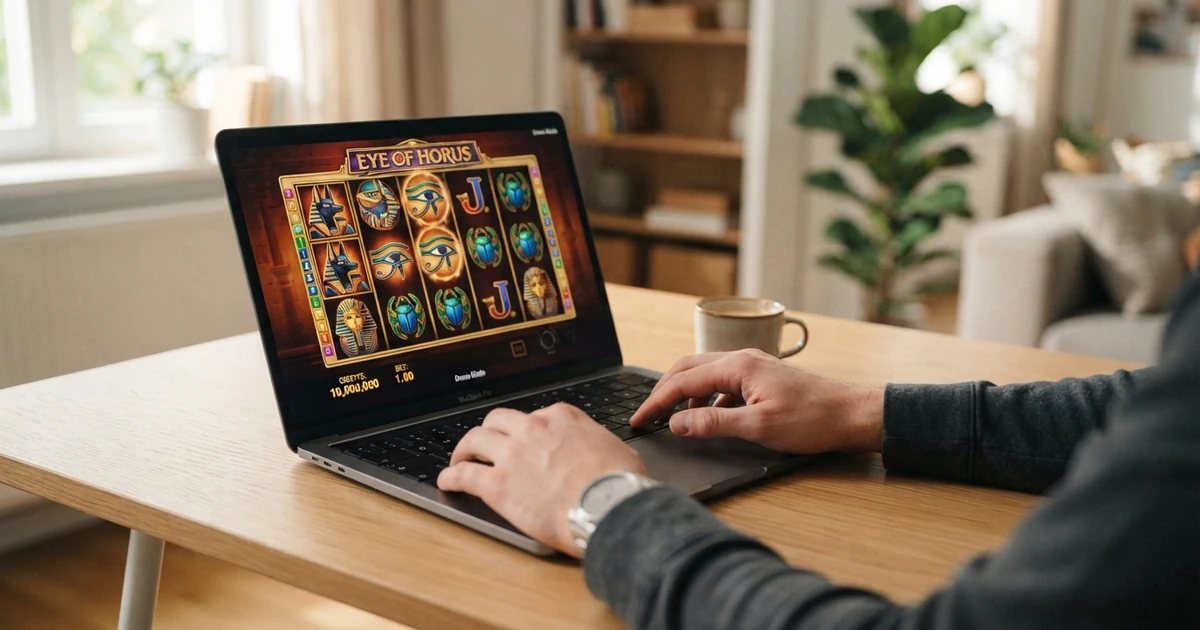 Eine Browser-Ansicht eines Merkur-Spielautomaten im Demo-Modus mit Spielgeld-Guthaben und sichtbaren Walzen, ohne Login-Fenster