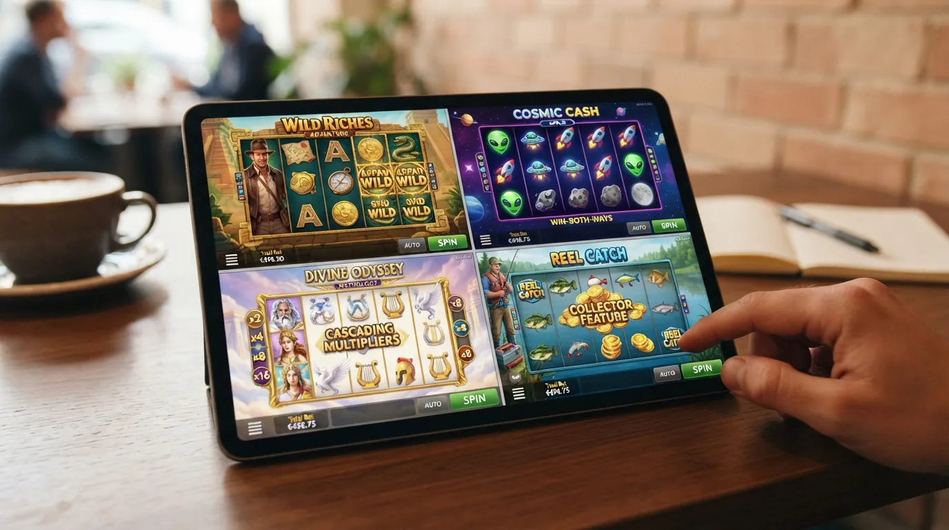 Vier beliebte Spielautomaten — Book of Dead, Starburst, Gates of Olympus und Big Bass Bonanza — auf einem Tablet-Display