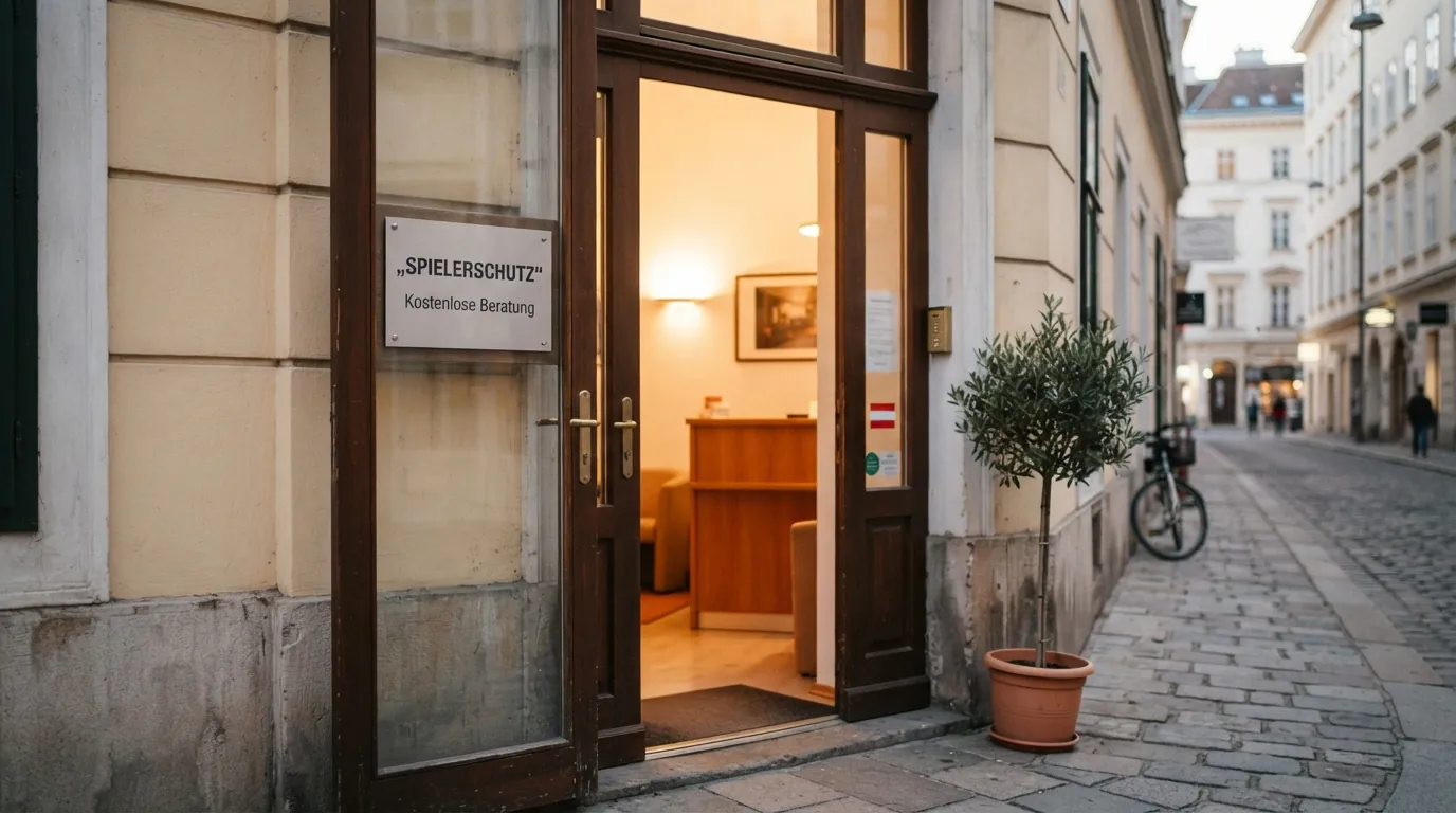 Eine geöffnete Tür zu einer Spielsucht-Beratungsstelle mit dem Schild „Spielerschutz — kostenlose Beratung“ in Wien
