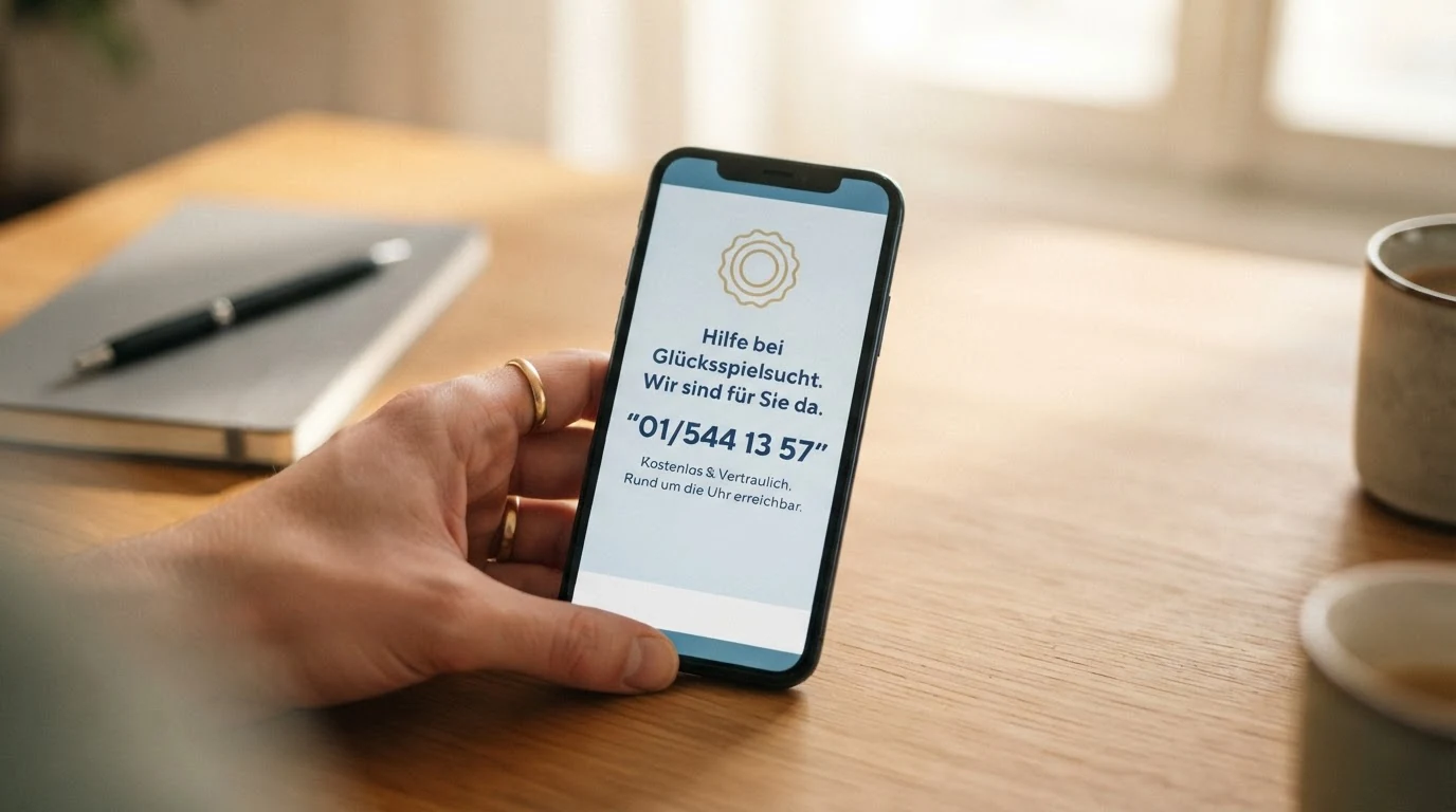 Das Logo der Spielsuchthilfe Wien mit Telefonnummer 01/544 13 57 auf einer Informationsseite zum Thema Spielerschutz.