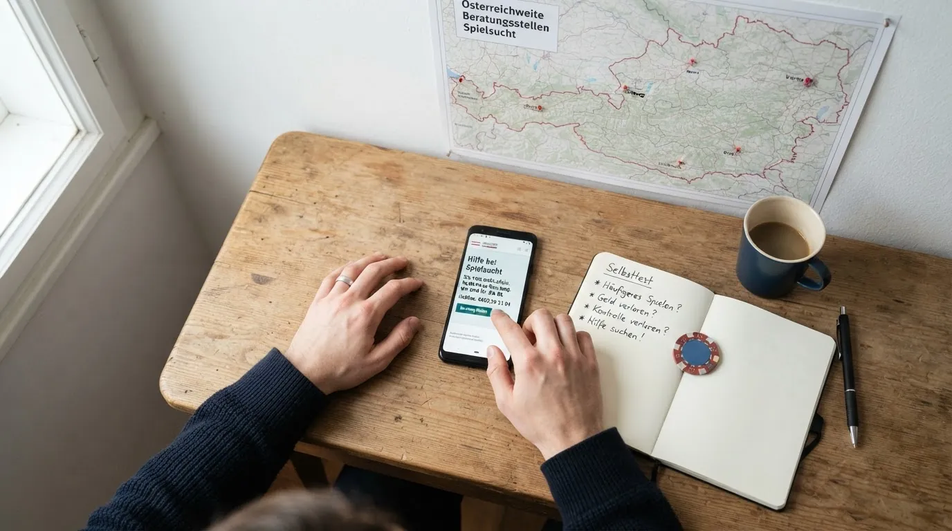 Ein Smartphone mit geöffneter Hilfsangebot-Seite und daneben eine Österreich-Karte mit markierten Beratungsstellen in den Bundesländern