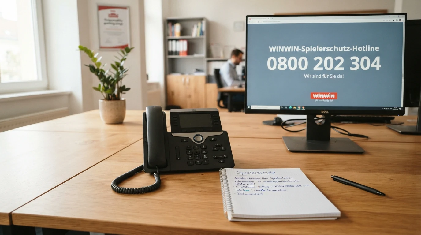 Ein aufgeräumter Schreibtisch mit Festnetztelefon, einem Notizblock mit dem Wort „Spielerschutz“ und einem Bildschirm, der die WINWIN-Hotline-Nummer 0800 202 304 prominent anzeigt
