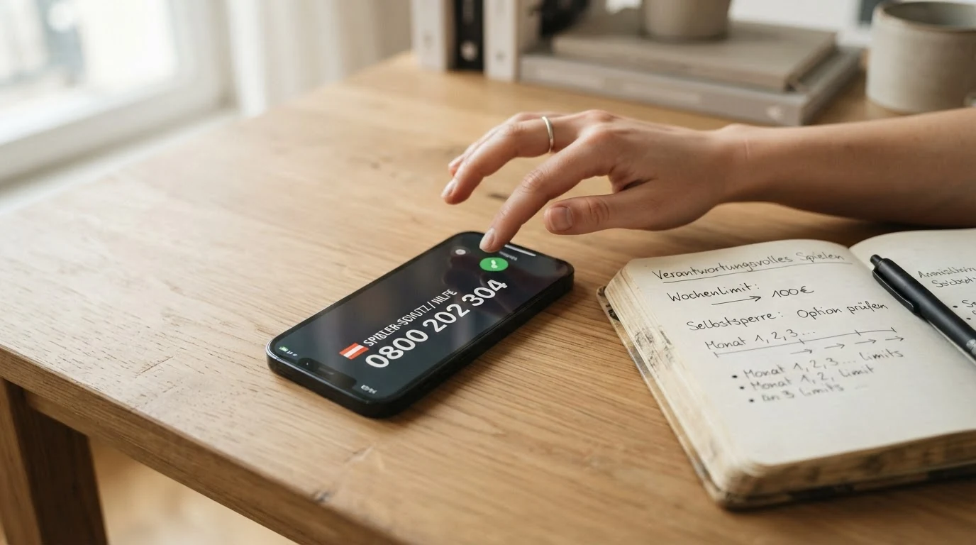 Ein Smartphone mit der eingetippten Nummer 0800 202 304 auf dem Display, daneben ein Notizblock mit „Wochenlimit“ und „Selbstsperre“ als handschriftliche Stichworte