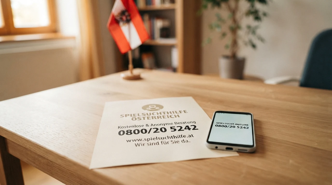 Ein Infoblatt des BMF mit der Glücksspielsucht-Hotline 0800/20 5242 in großer Schrift, dazu ein Telefonhörer und die Flagge Österreichs