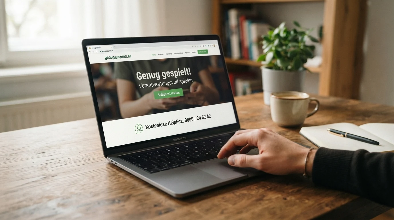 Bildschirmfoto der Webseite genuggespielt.at mit sichtbarem Selbsttest-Button und der Hotline-Nummer 0800/20 5242