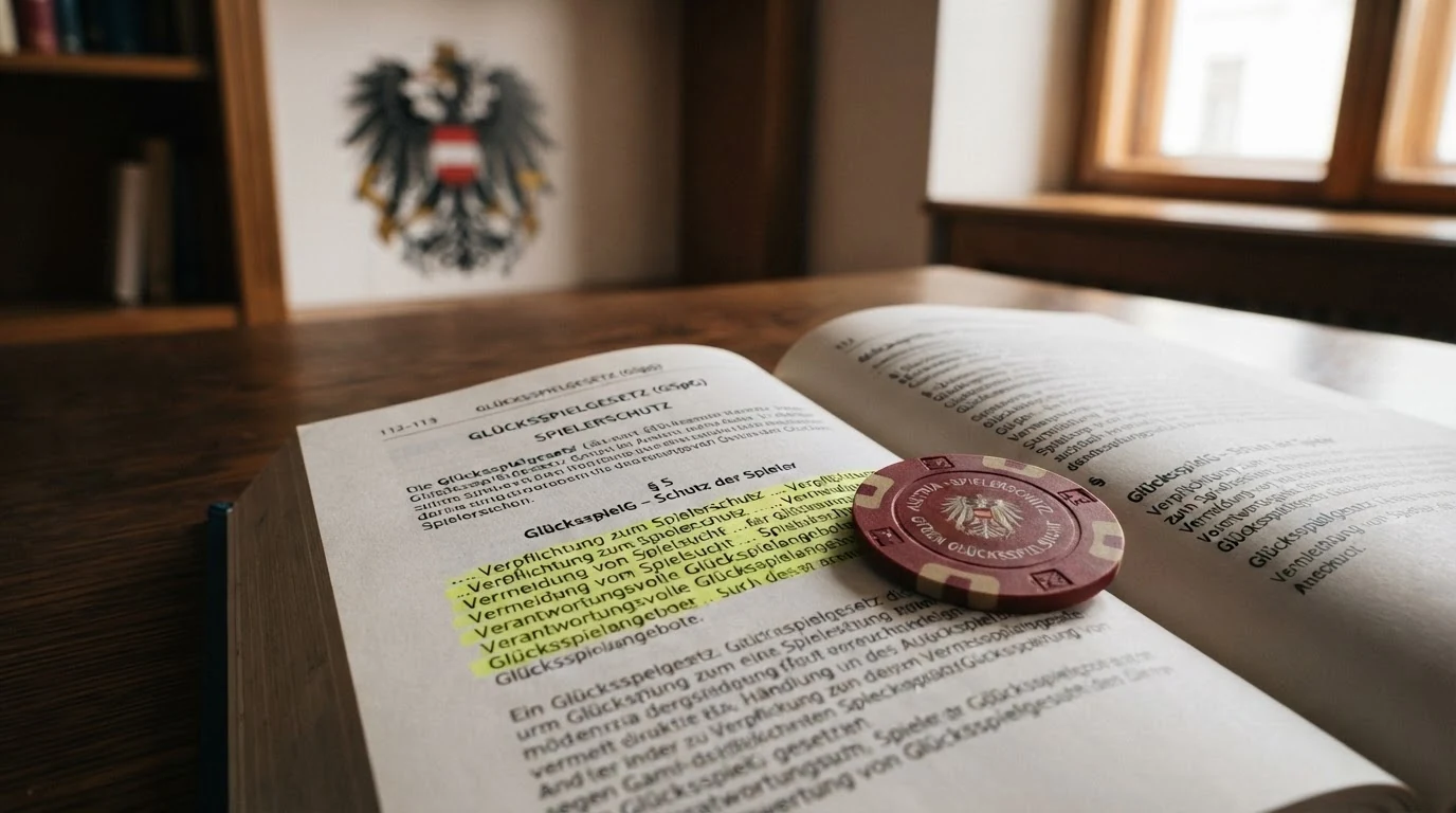 Ein aufgeschlagenes GSpG-Gesetzbuch mit einem Marker am Paragrafen zum Spielerschutz, daneben das österreichische Bundeswappen