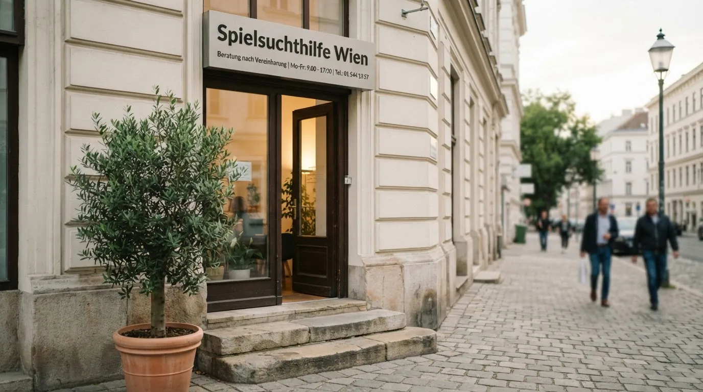 Eingangsbereich oder Beratungsraum der Spielsuchthilfe Wien mit Türschild und Öffnungszeiten