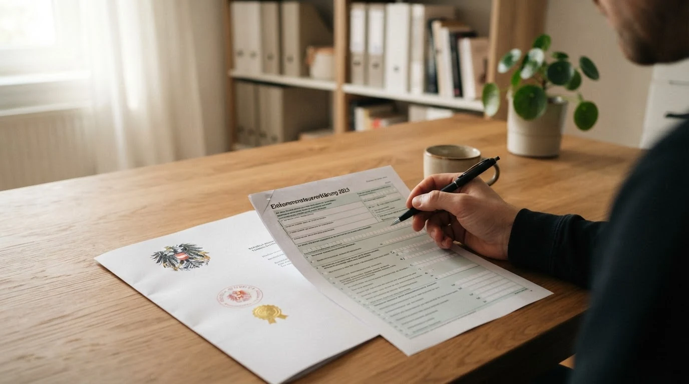 Ein aufgeschlagenes Steuerformular mit Kugelschreiber, daneben das österreichische Bundeswappen auf einem amtlichen Bescheid