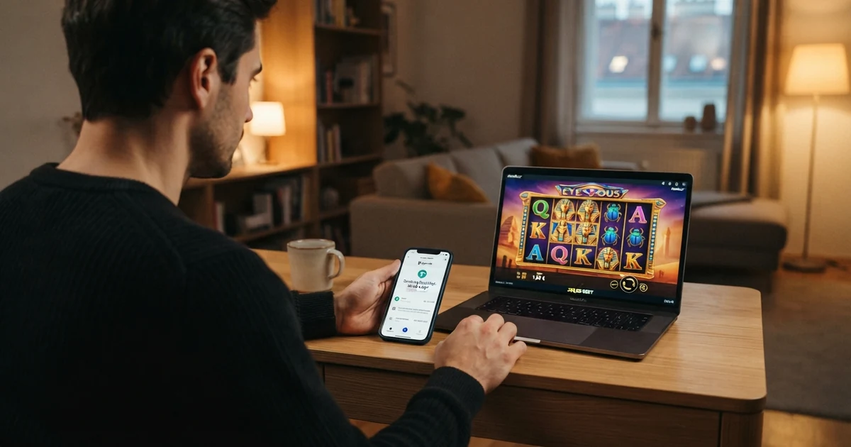 Eine Nahaufnahme eines Smartphone-Bildschirms mit einer Krypto-Wallet-App, die eine USDT-Transaktion anzeigt, daneben leuchten Spielautomaten-Symbole auf einem Laptop-Display