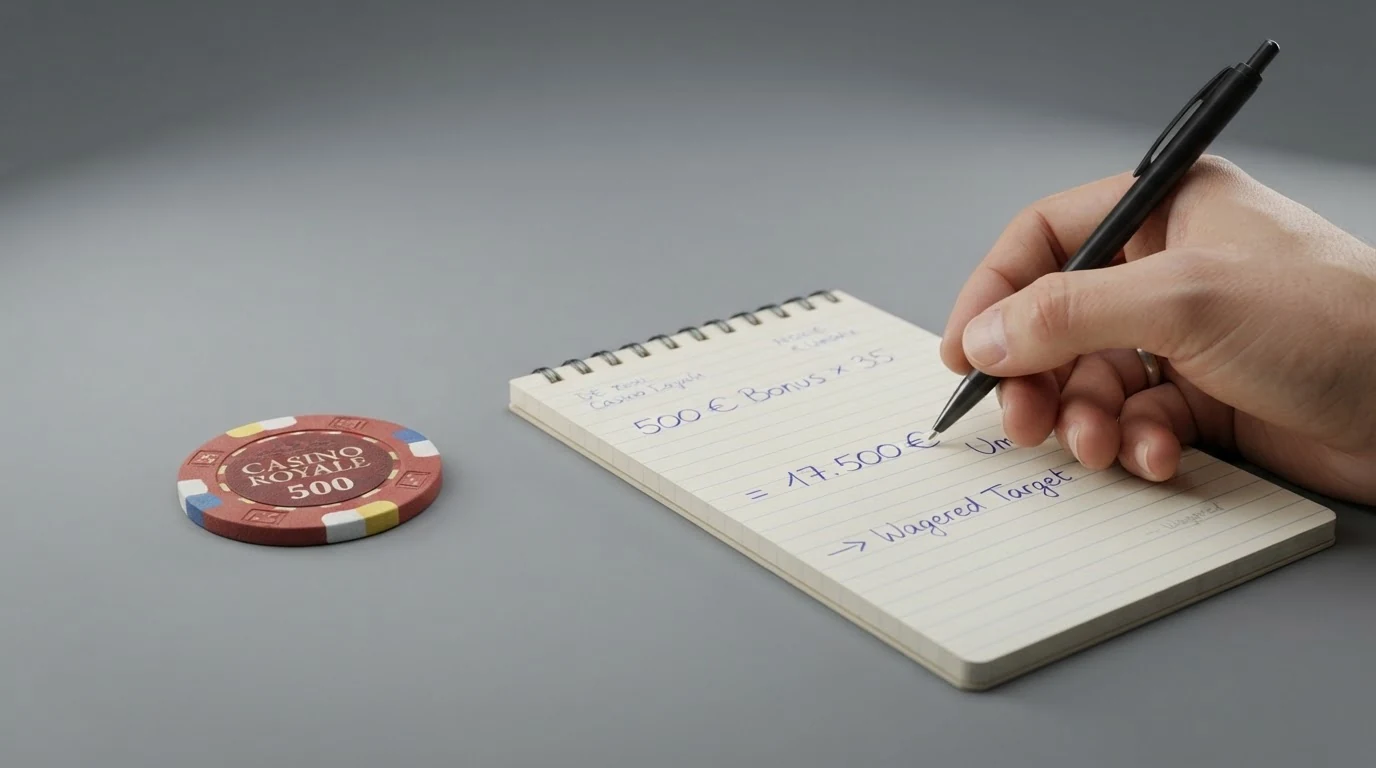Taschenrechner mit einer Bonus-Rechnung: „500 € Bonus × 35× Umsatzbedingung = 17.500 € erforderlicher Umsatz“, daneben die Formel für den Expected Loss