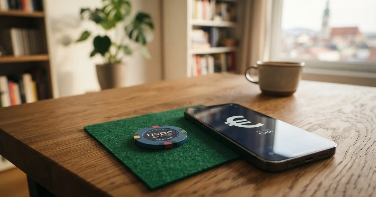 Ein hell erleuchteter Casino-Tisch mit Pokermünzen und einem Smartphone, auf dessen Bildschirm das USDC-Logo und eine Wallet-Oberfläche zu sehen sind
