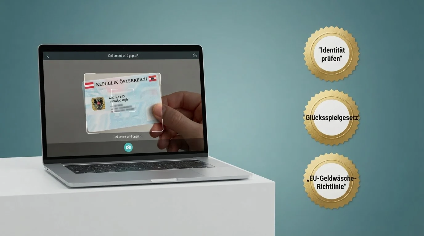 Eine illustrierte Gegenüberstellung: links ein Laptop mit geöffneter Foto-Ident-App und einem Personalausweis vor der Kamera, rechts die Logos von FM-GwG, GSpG und EU-Geldwäscherichtlinie als stilisierte Dokumente.