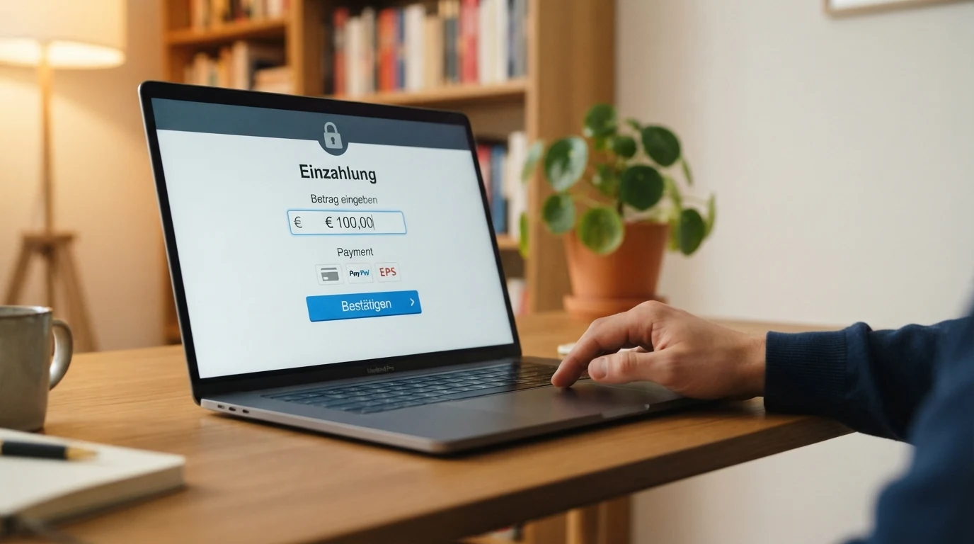 Der Bildschirm eines Laptops zeigt den Einzahlungsdialog eines Online-Casinos mit Visa-Logo, Betragsfeld und Bestätigungsbutton.
