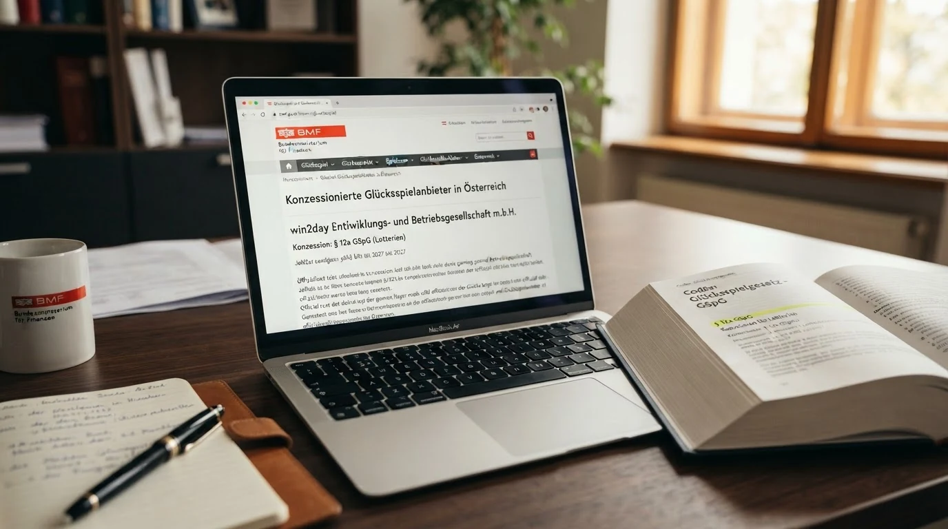 Nahaufnahme eines Bildschirms mit dem BMF-Glücksspiel-Portal und dem Konzessionshinweis für win2day, daneben ein Gesetzestext mit dem markierten § 12a GSpG
