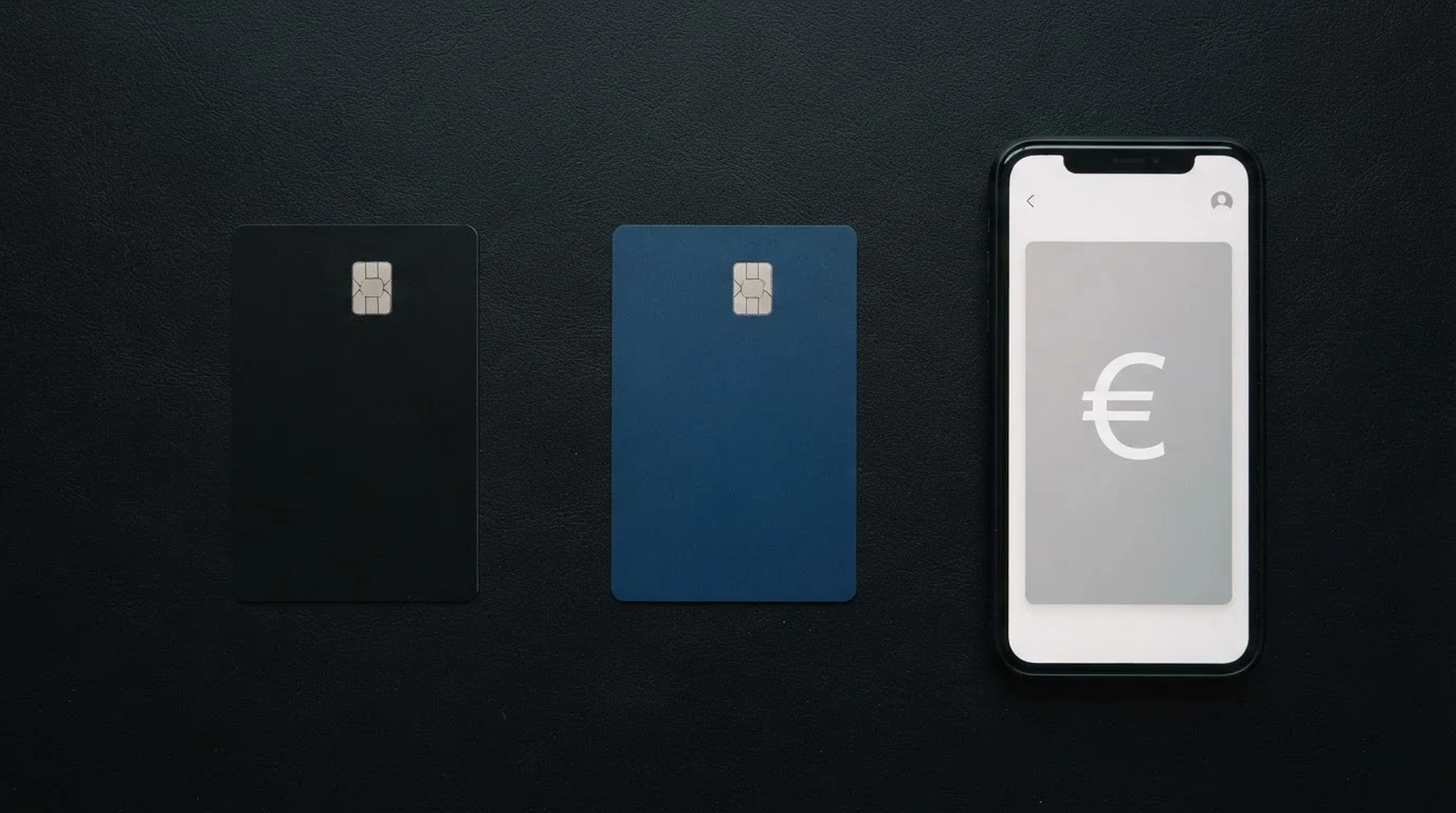 Paysafecard-Karte, Kreditkarte und Smartphone mit Banking-App nebeneinander auf einem Tisch